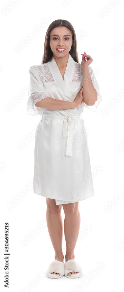 Young woman in silk robe on white background Young woman in silk robe on white background