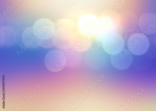 Gleam bokeh abstract cool background. Pink blue yellow lilac bright gradient. Lens flare pattern. Impressive lights. Magical holiday blurred illustration. Fantastic colorful graphic.