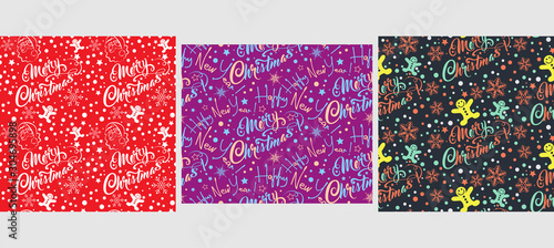 Christmas backgrounds. Three patterns for package paper design, greeting cards, banners, posters. Seamless patterns with snowflakes, Christmas toys. Lettering Happy New Year and Merry Christmas.