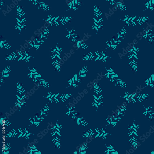 Branch of pine tree seamless pattern design, vector illustration. Hand drawn style. .