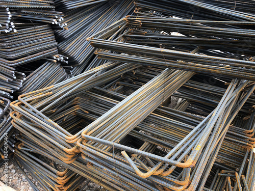 Piled iron reinforcement workpieces. Bent metal parts for reinforcement