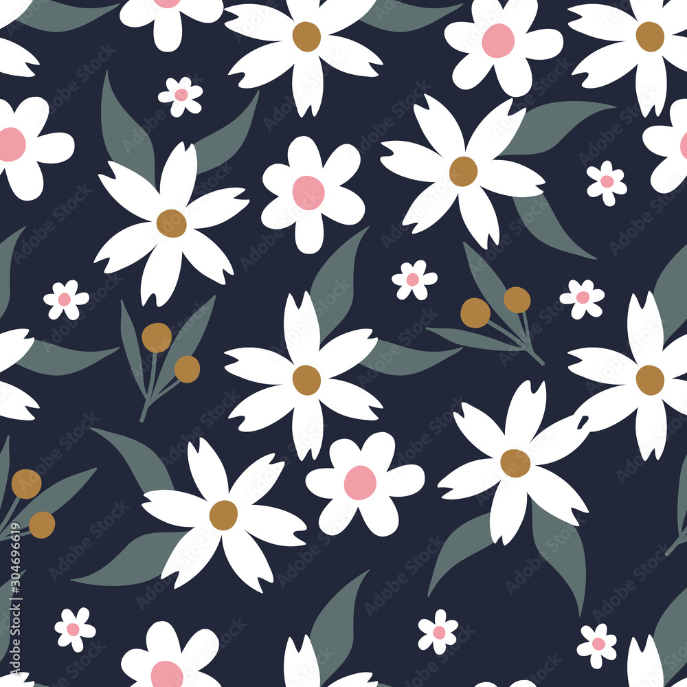 Spring flowers and leaves in soft colours, seamless pattern design. Ideal for cloth, apparel, texture.