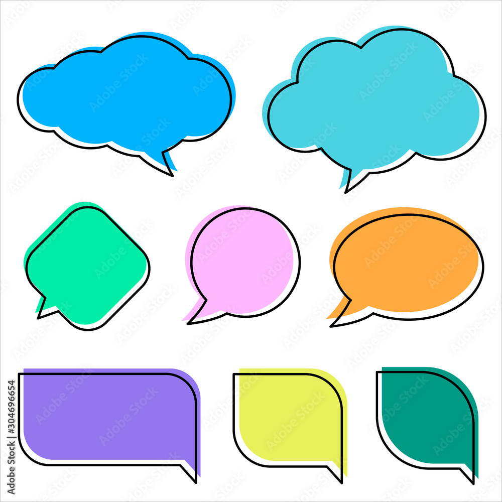 Text bubbles, vector illustrations. Set of bubble templates for text messages with different shapes. Colorful cartoon stickers isolated on the white background. Text bubbles, vector illustrations. Set of bubble templates for text messages with different shapes. Colorful cartoon stickers isolated on the white background.