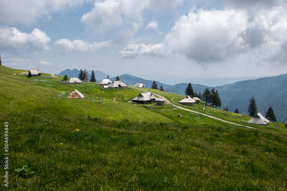 Alpine huts in the Velika Planina plateau of Slovenia