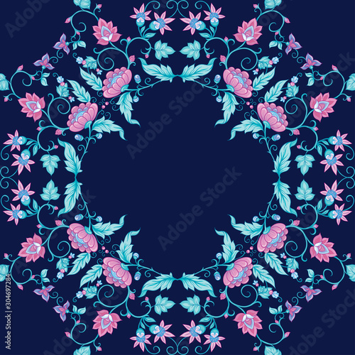 Tradition mughal motif, fantasy flowers in retro, vintage style. Seamless pattern, background. Vector illustration. On blue background
