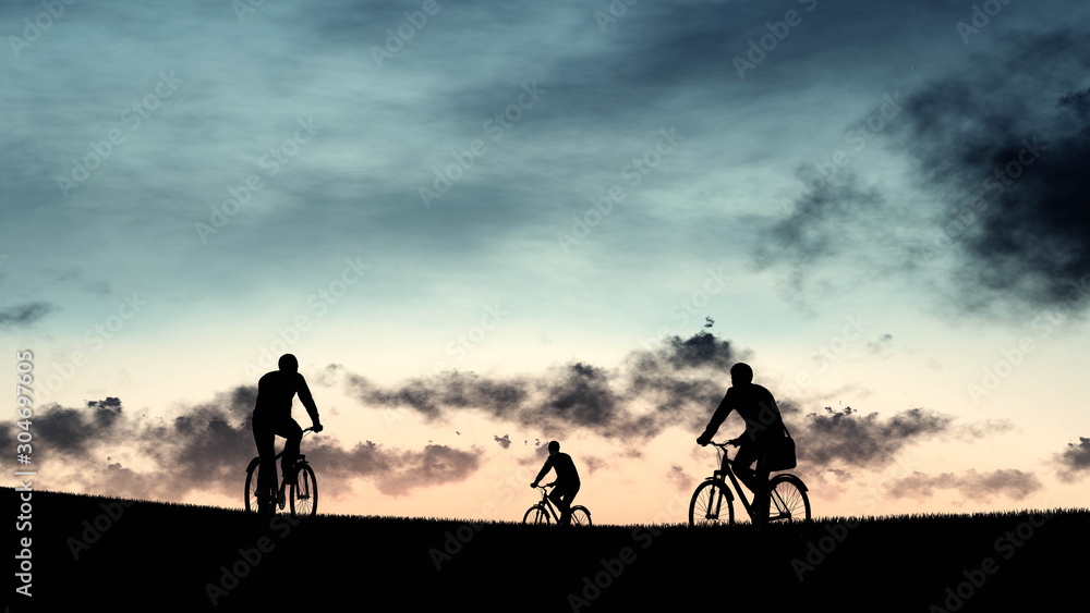Fototapeta premium Man With Bicycle Silhouette at Sunset 3D Rendering