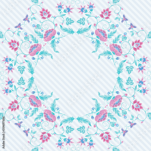 Tradition mughal motif, fantasy flowers in retro, vintage style. Seamless pattern, background. Vector illustration. On blue stripes background..