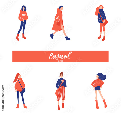 Vector women set in flat style. Girls illustration isolated on white background.