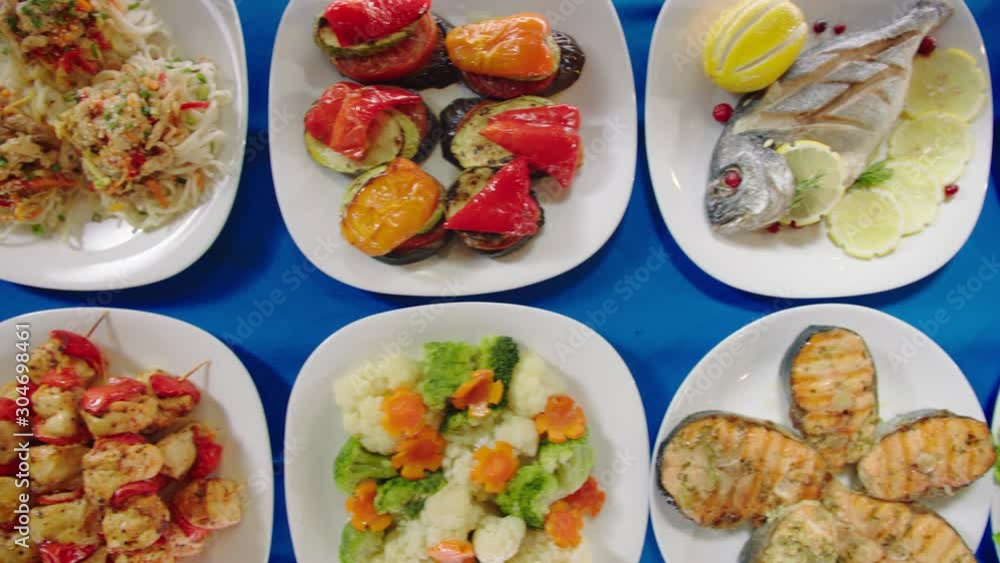 delicious snacks on table at buffet close upper view delicious snacks on table at buffet close upper view