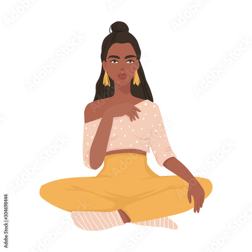 Cute vector girl sitting. Fashion vector illustration in flat style isolated on white.