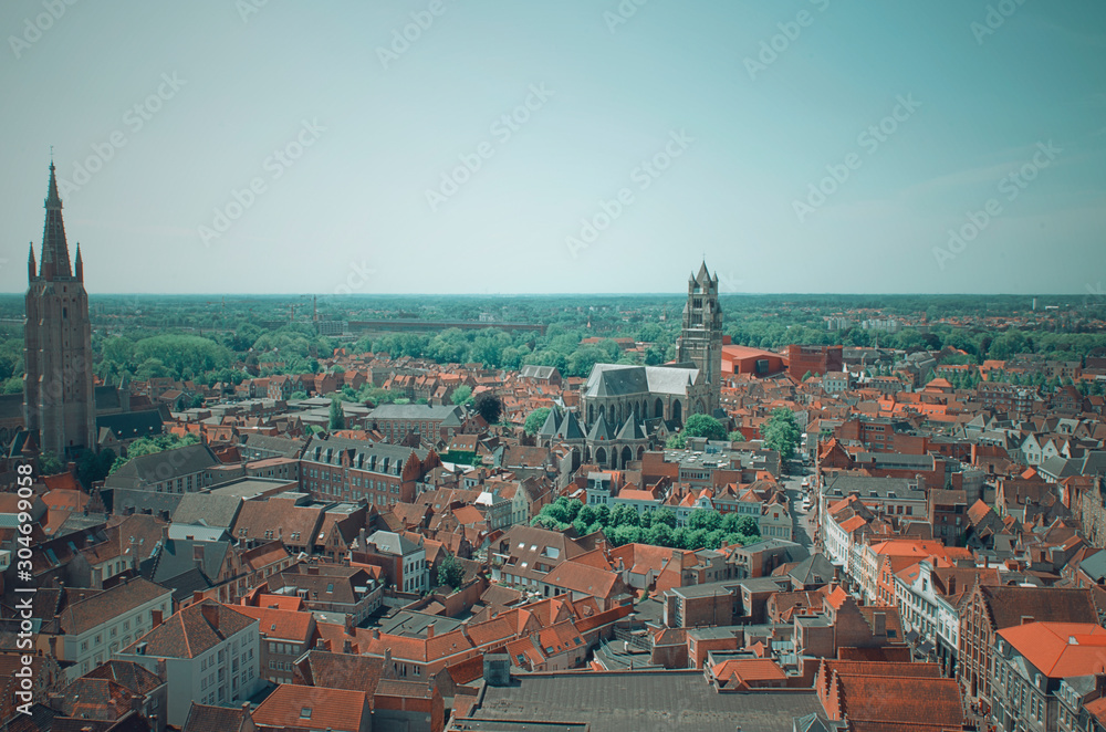 Panoramic aerial view of the beautiful city of Bruges, Belgium