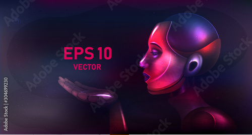Humanoid robot woman holds object on her hand. Future and people. Space exploration concept. Stars and space. Robot or cyborg on galaxies background. 3d vector illustration. Realictic. Copy space.