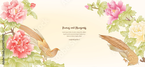 Peony tree branch with flowers with pheasants in the style of Chinese painting on silk Template for wedding invitation, greeting card, banner, gift voucher, label. Colored vector illustration..