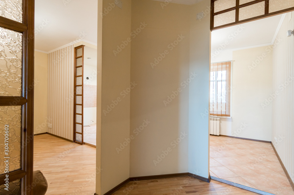 Obraz premium Russia, Moscow- July 06, 2019: interior room apartment. standard repair decoration in hostel. bright empty room without furniture