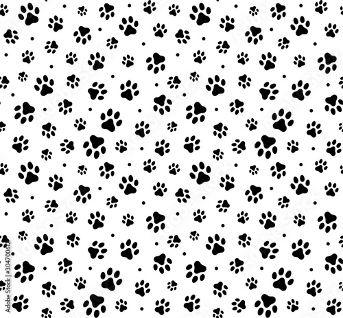 Trace black doodle paw prints seamless pattern background