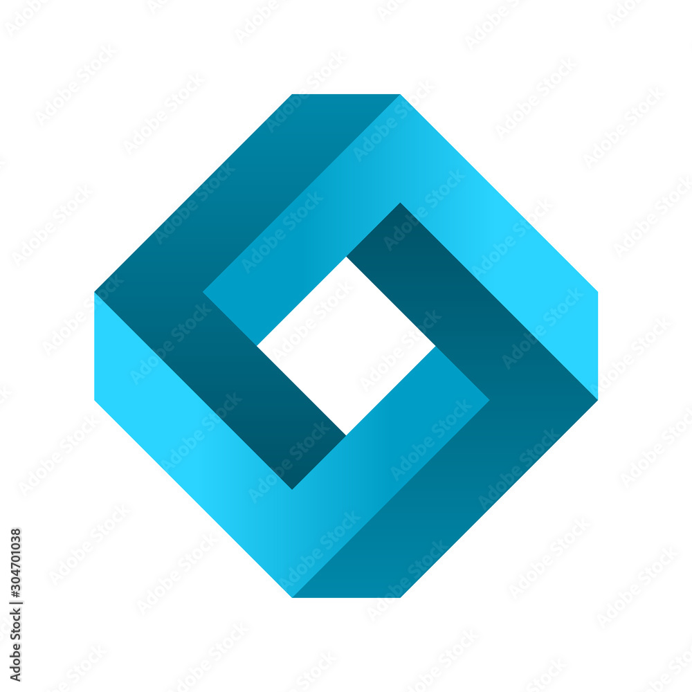 Impossible rectangle shape. Blue gradient infinite rhombus figure. Optical illusion. Abstract eternal geometric object. Impossible endless sign. Impossible geometry symbol on white background. Vector Impossible rectangle shape. Blue gradient infinite rhombus figure. Optical illusion. Abstract eternal geometric object. Impossible endless sign. Impossible geometry symbol on white background. Vector