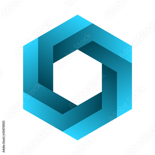 Impossible hexagon sign. Optical illusion. Blue gradient six sided polygon. Abstract symbol, impossible geometry on white background. Unreal geometric shape. Hexagonal logo design. Vector illustration