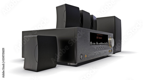 Black DVD receiver and home theater system with speakers and subwoofer. 3d illustration.