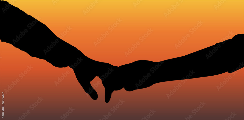 Couple Holding Hands at Sunset. Vector Illustration