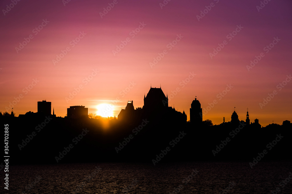 Quebec city's cityscape silhouette at dusk, Qc, Canada