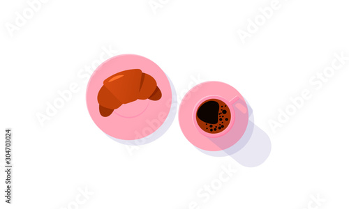 Croissant and coffee vector illustration. Flat lay - crescent shaped pastry croissant and cup of coffee. Caffeine addiction, baking, culinary, breakfast concepts. Austrian cuisine, French cuisine.