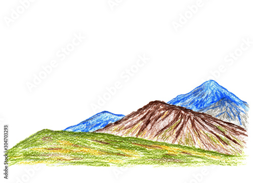 Hand-drawn beautiful landscape with colored pencils. Wildlife of mountain countries. Rocks in brown yellow colors, snowy peaks. Stock illustration for tourism, travel, postcards.