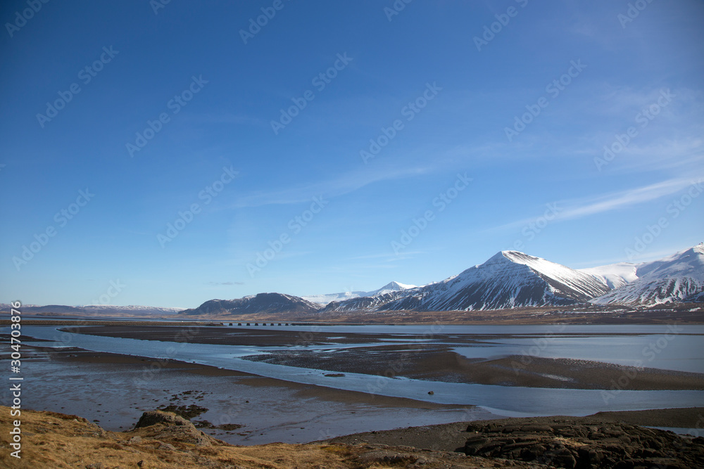 snow mountain with river and lake in Iceland snow mountain with river and lake in Iceland