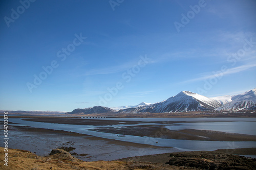 snow mountain with river and lake in Iceland