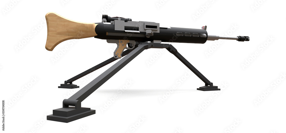 Large machine gun on a tripod with a full cassette ammunition on a white background. 3d ilustration. Large machine gun on a tripod with a full cassette ammunition on a white background. 3d ilustration.