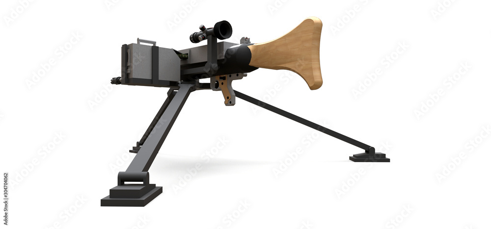Large machine gun on a tripod with a full cassette ammunition on a white background. 3d ilustration. Large machine gun on a tripod with a full cassette ammunition on a white background. 3d ilustration.