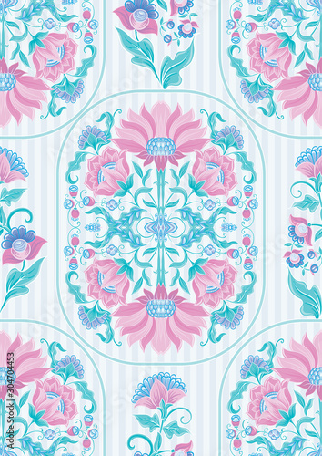 Tradition mughal motif, fantasy flowers in retro, vintage style. Seamless pattern, background. Vector illustration. On blue stripes background..