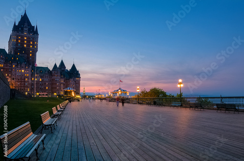 Chateau Frontenac and Dufferin terrace at dusk, Quebec city, Quebec, Canada