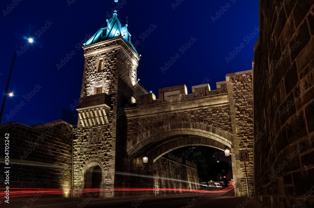 Kent gate, arch in fortifications of Quebec city at night, Quebec, Canada