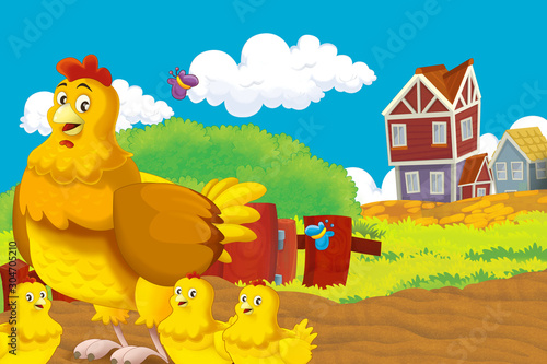 Cartoon farm happy scene with standing rooster and hen farm birds - illustration for children
