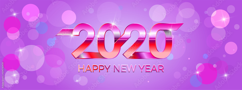 2020 Happy New Year. Festive style Happy New Year, Merry Christmas. Banner, invitation, party poster glittering stars confetti glitter decoration, metal text Happy New Year 2020. Vector Illustration.