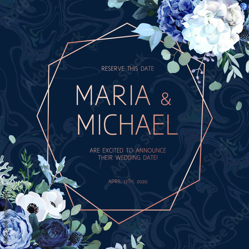 Royal blue, navy garden rose, white hydrangea flowers, anemone, thistle