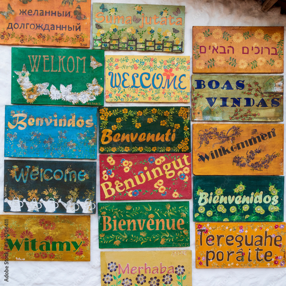 Samaipata Bolivia. 10-13-2019. Welcome signs in different languages at Samaipata, Bolivia.