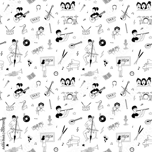 Music lessons students different musical instruments seamless doodle pattern