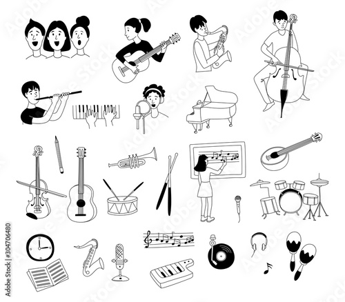 Music lessons students different musical instruments set of doodles