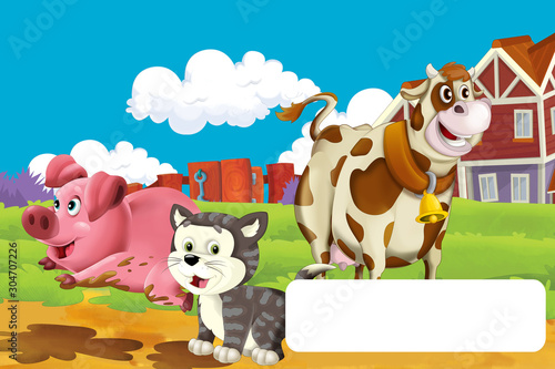 cartoon scene with cat having fun on the farm with frame for text - illustration for children