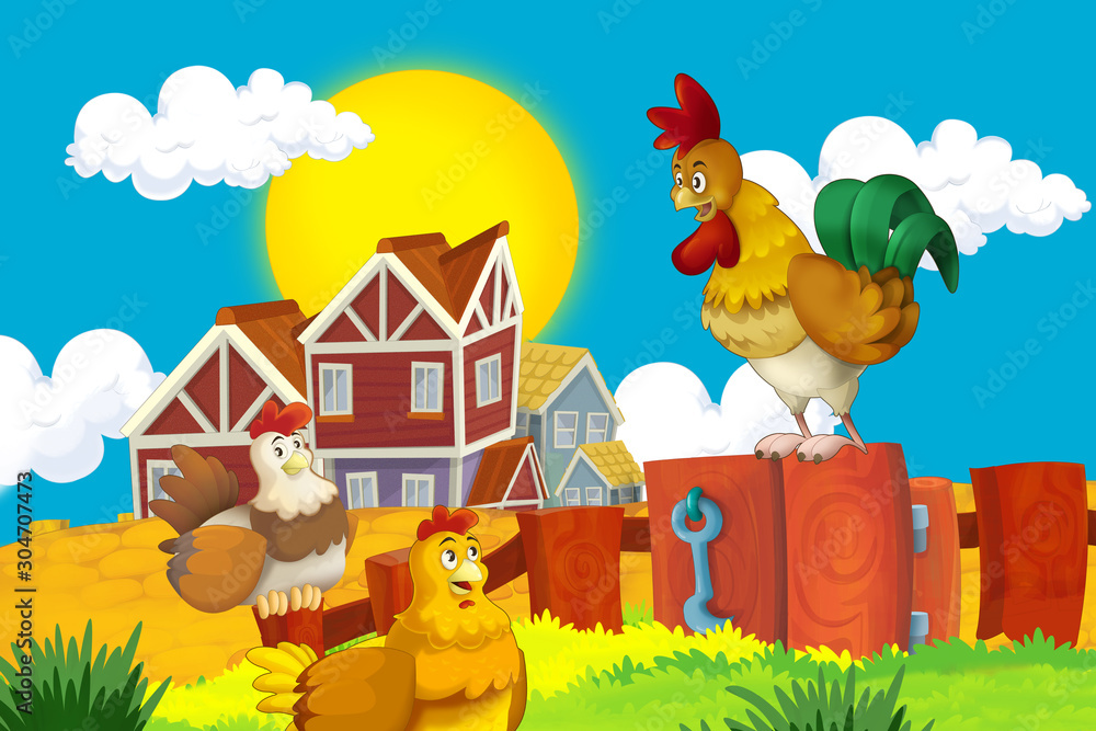 Cartoon farm happy scene with standing rooster and hen farm birds - illustration for children Cartoon farm happy scene with standing rooster and hen farm birds - illustration for children