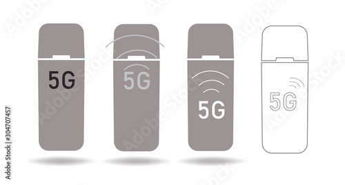 Set of 5G modems for fast mobile Internet. Icons or symbols of modems. Flat and grey signs. 5g internet symbols. Stock Vector illustration. White background. Isolated Outline modem icon. Flat style.