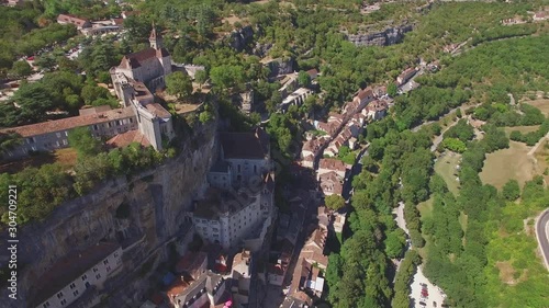 Rocamadour unesco world heritage site in french countryside aerial shot