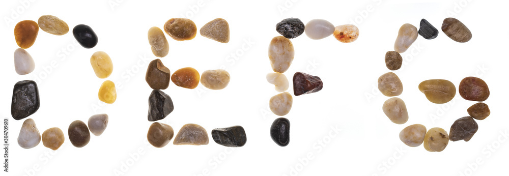 Obraz premium D E F G (alphabet) hand-made letters with stones (boulders, rolling stones). Typography Collection. Isolated on white background