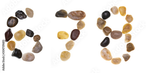 6 7 8 (alphabet) hand-made numbers and letters with stones (boulders, rolling stones). Typography Collection. Isolated on white background