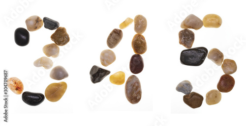 3 4 5 (alphabet) hand-made numbers and letters with stones (boulders, rolling stones). Typography Collection. Isolated on white background