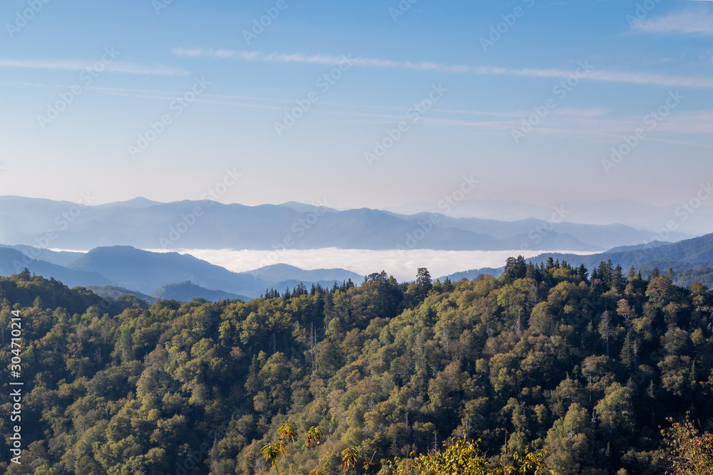 View of the Great Smoky Mountains with mist in the valley