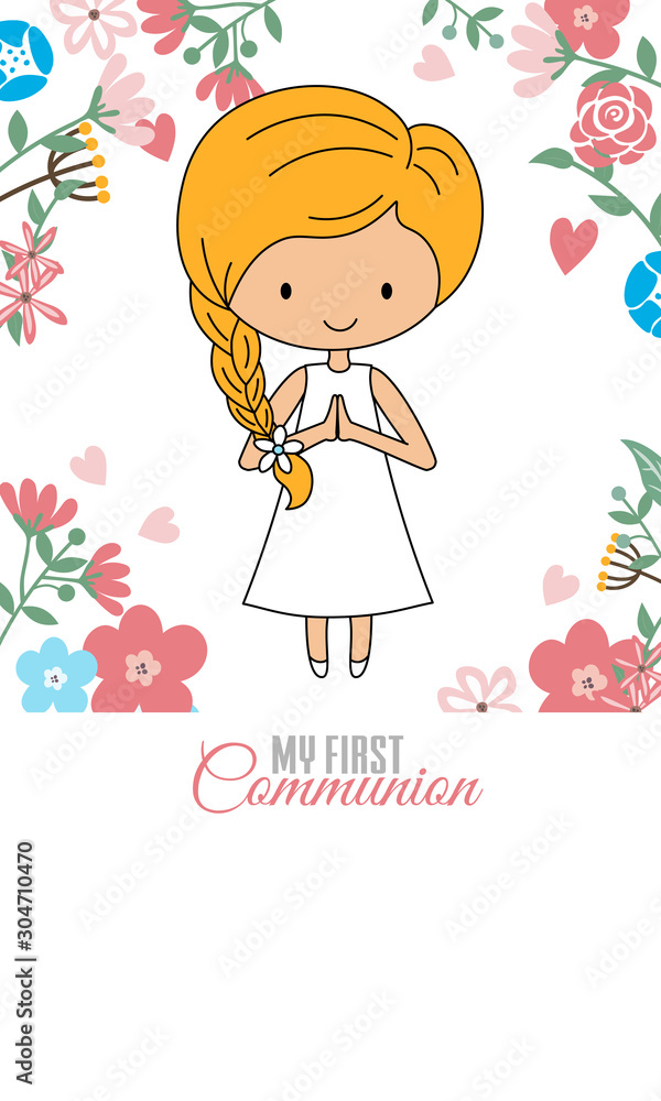Communion Card Girl praying with flowers background Communion Card Girl praying with flowers background