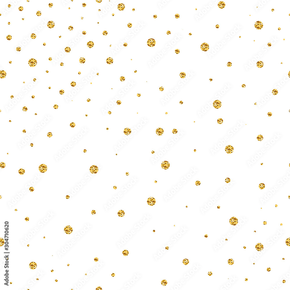 Seamless brilliant glitter pattern. Gold shiny Sparkles isolated on white background. Round sparkling random festive confetti. Trendy Vector stock illustration for design of the holidays, Christmas Seamless brilliant glitter pattern. Gold shiny Sparkles isolated on white background. Round sparkling random festive confetti. Trendy Vector stock illustration for design of the holidays, Christmas