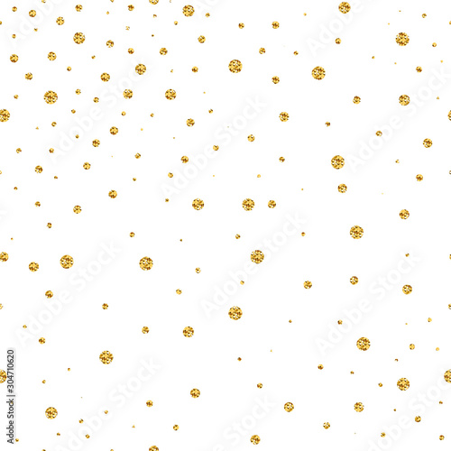 Seamless brilliant glitter pattern. Gold shiny Sparkles isolated on white background. Round sparkling random festive confetti. Trendy Vector stock illustration for design of the holidays, Christmas